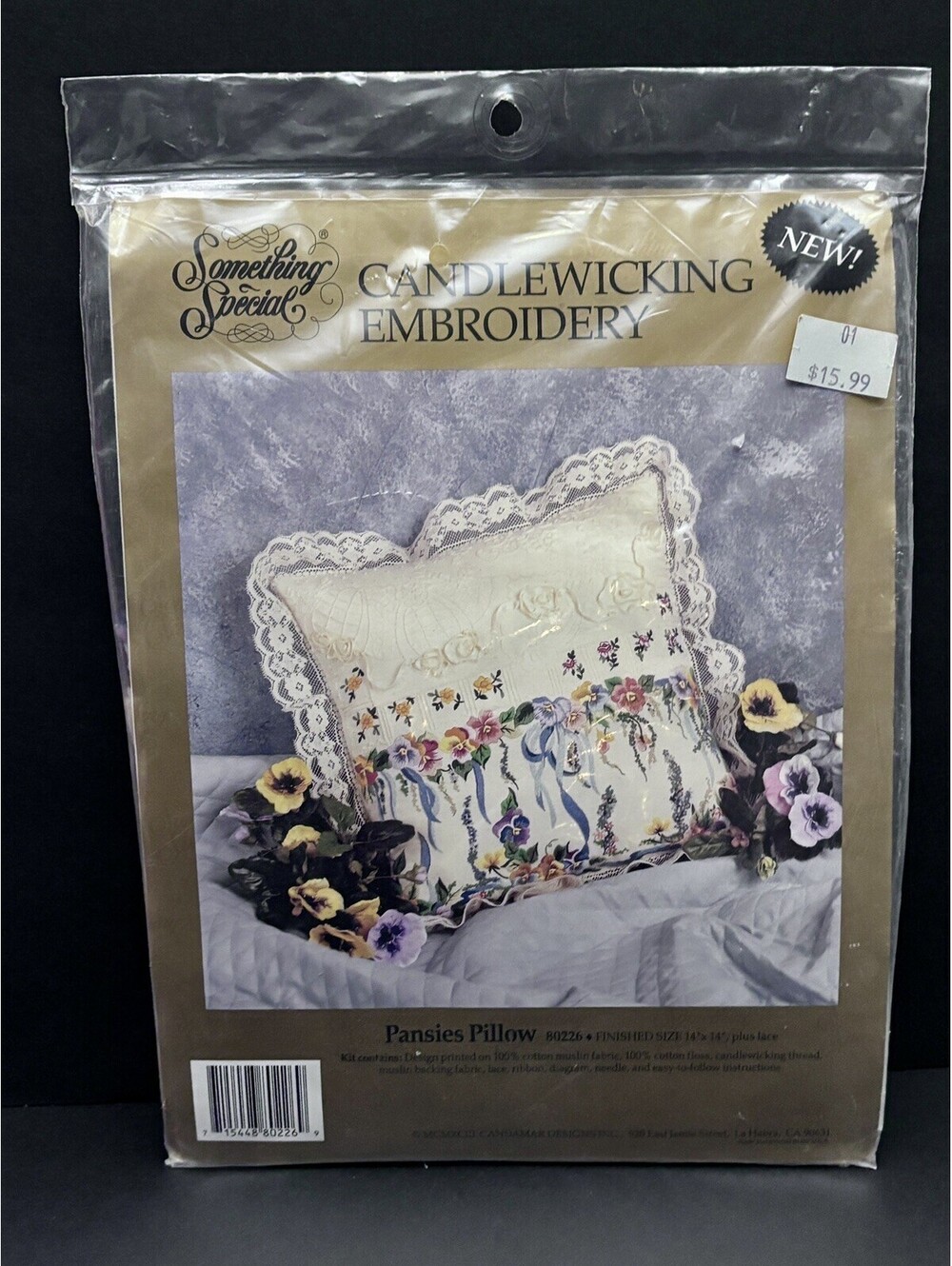 Something Special Candlewicking  Embroidery Pansies Pillow Kit 80226 NIP